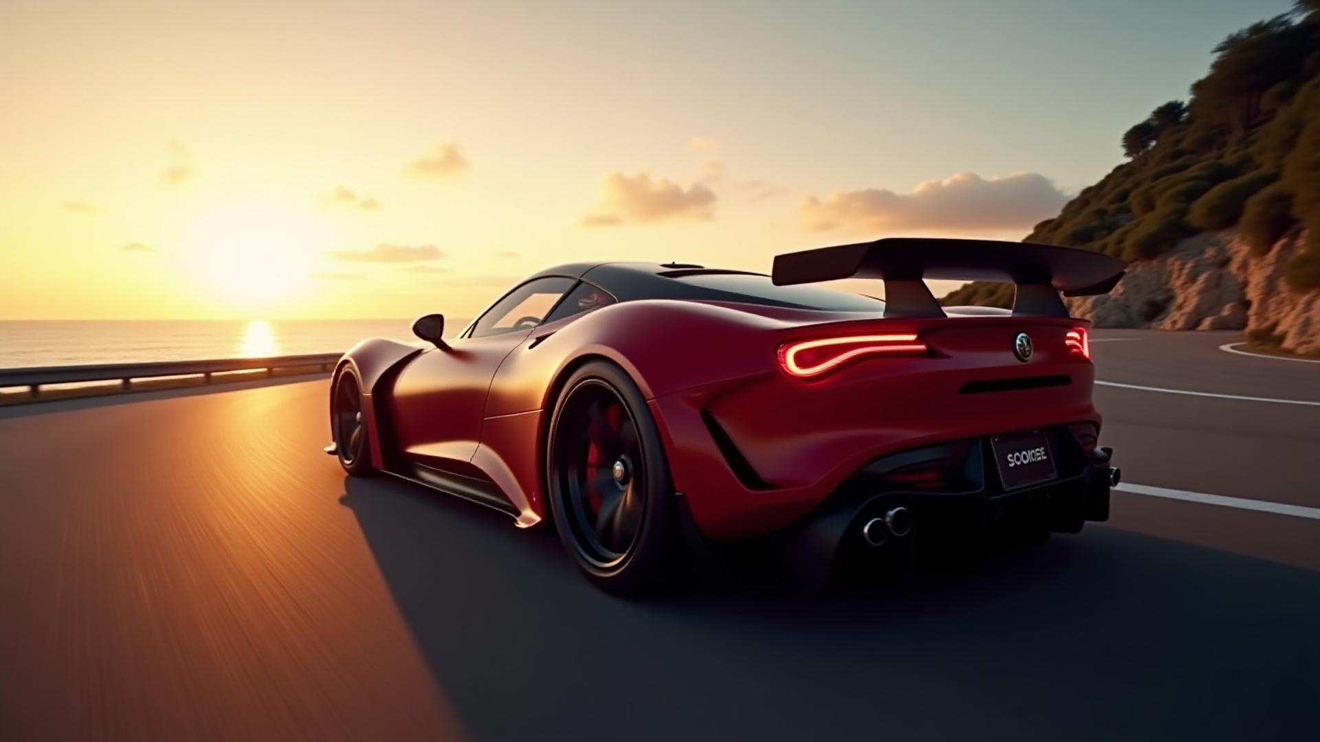 Auto sportiva personalizzata su strada al tramonto